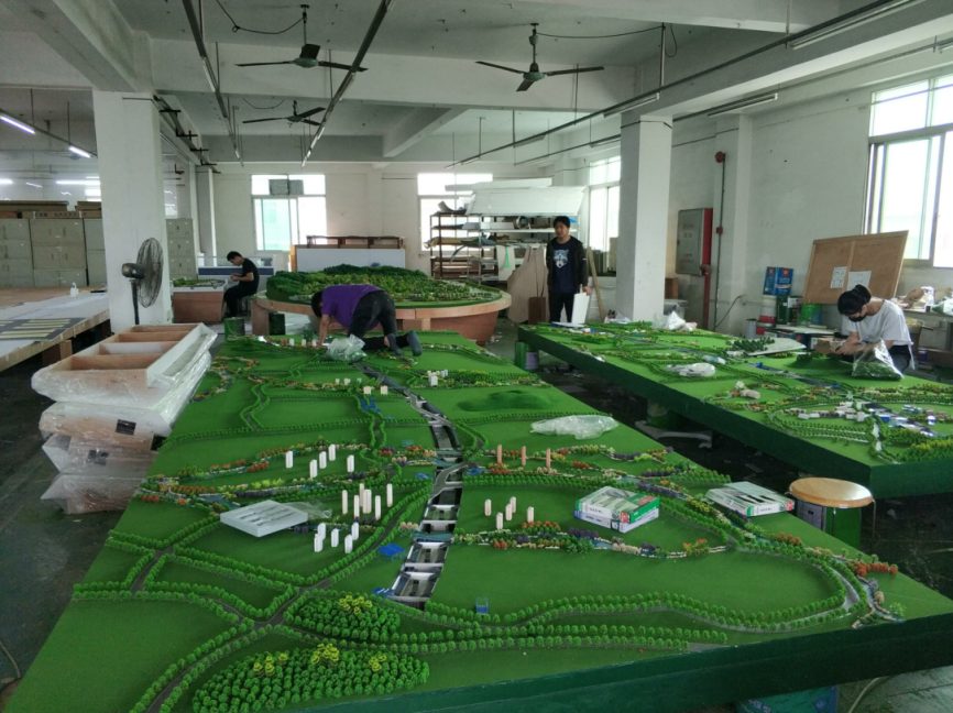 Workshop floor with terrain models under construction